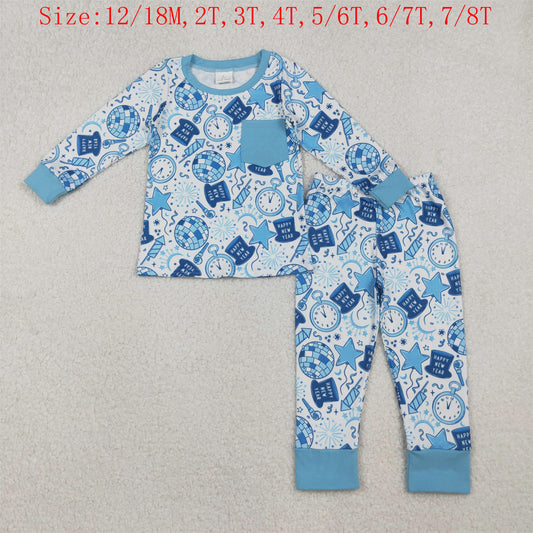 BLP1259 Happy New Year Blue Print Boys Pajamas Clothes Set