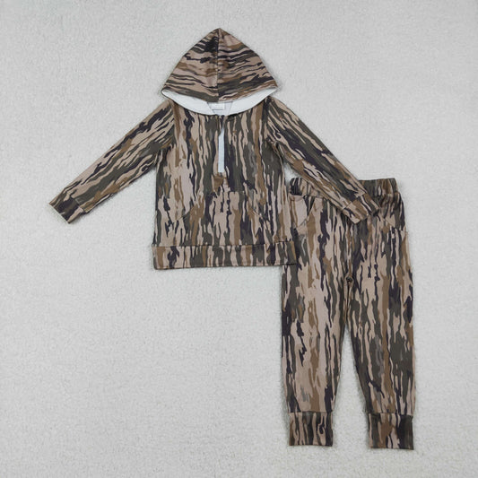 BLP1264 Camo Zipper Hoodie Top Pockets Pants Boys Fall Clothes Set