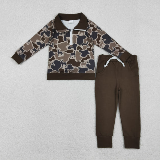 BLP1270 Deer Dark Brown Camo Zipper Pullover Top Pockets Pants Boys Clothes Set