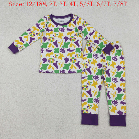 BLP1273 Crocodile Donut Camo Print Kids Mardi Gras Pajamas Clothes Set