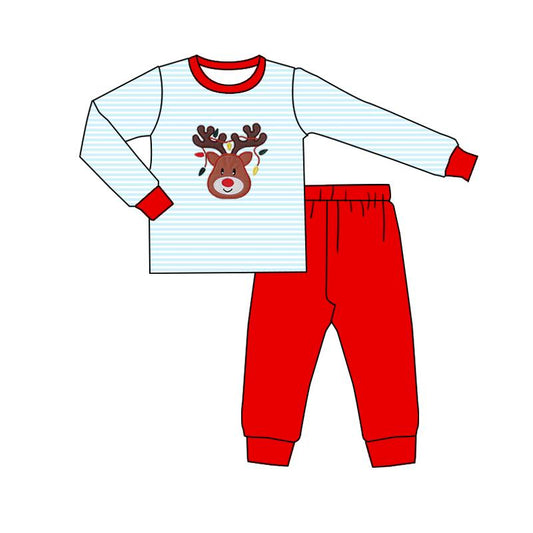 (Pre-order)BLP1275 Deer Blue Stripes Top Red Pants Boys Christmas Clothes Set