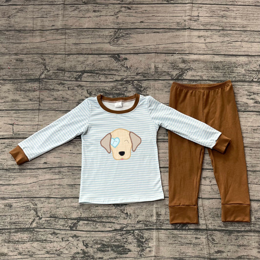 (Pre-order)BLP1283 Dog Heart Stripes Top Brown Pants Boys Valentine's Day Clothes Set
