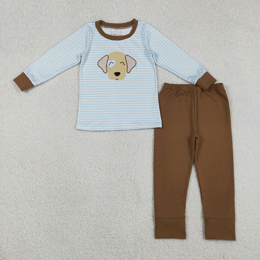 BLP1283 Dog Heart Embroidery Stripes Top Brown Pants Boys Valentine's Day Clothes Set