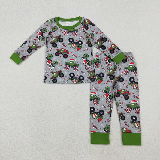 BLP1286 Monster Trucks Print Boys Christmas Pajamas Clothes Set
