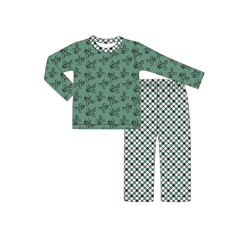 (Pre-order)BLP1291 Plane Top Green Plaid Pants Boys Fall Clothes Set