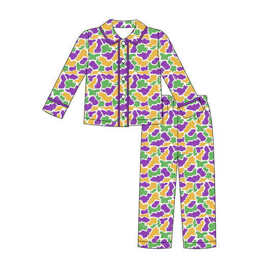 (Pre-order)BLP1292 Camo Print Boys Mardi Gras Buttons Pajamas Clothes Set