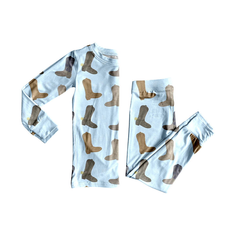 (Pre-order)BLP1298 Boots Blue Print Boys Western Pajamas Clothes Set