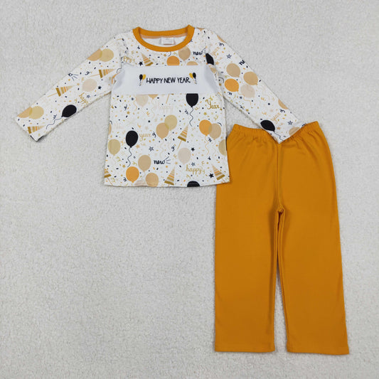 BLP1299 Happy New Year Embroidery Balloon Top Orange Pants Boys Clothes Set