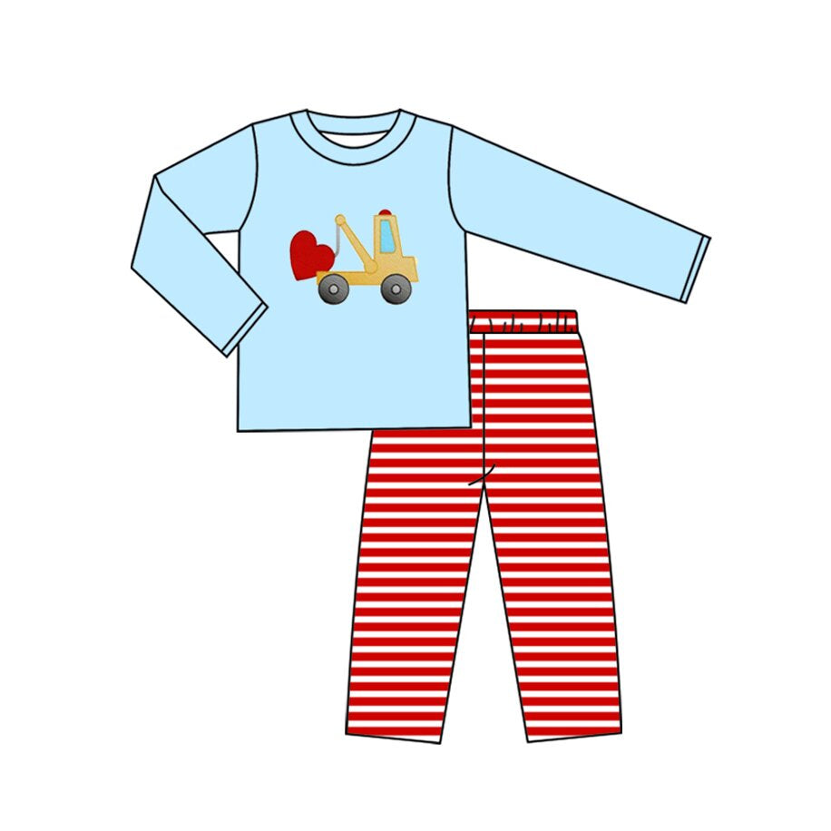 (Pre-order)BLP1303 Trucks Heart Blue Top Red Stripes Pants Boys Valentine's Day Clothes Set