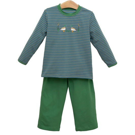 (Pre-order)BLP1306 Duck Stripes Top Green Pants Boys Fall Clothes Set
