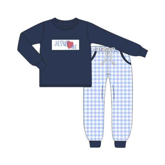 (Pre-order)BLP1313 Jesus Love Me Navy Top Plaid Pants Boys Easter Clothes Set