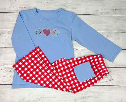 (Pre-order)BLP1314 Heart Blue Top Plaid Pants Boys Valentine's Day Clothes Set