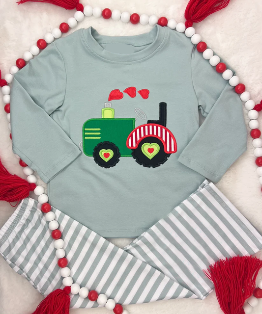 (Pre-order)BLP1315 Tractor Heart Top Stripes Pants Boys Valentine's Day Clothes Set