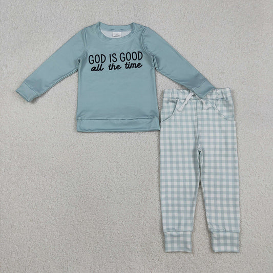 BLP1345 GOD IS GOOD all the time Top Plaid Pockets Pants Boys Clothes Set