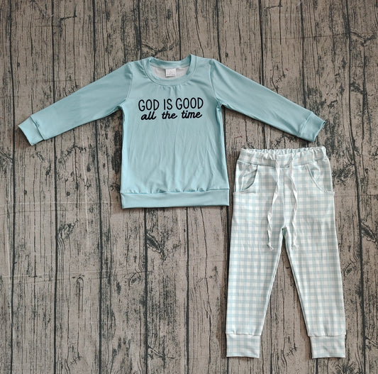 (Pre-order)BLP1345 GOD IS GOOD all the time Top Plaid Pockets Pants Boys Clothes Set