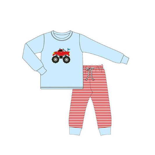 (Pre-order)BLP1348 Monstar Trucks Blue Top Stripes Pants Boys Clothes Set