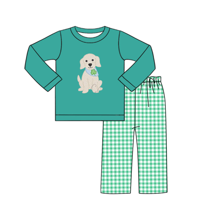 (Pre-order)BLP1356 Puppy Green Top Plaid Pants Boys St. Patrick's Day Clothes Set
