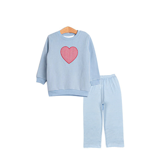 (Pre-order)BLP1361 Heart Blue Top Stripes Pants Boys Valentine's Day Clothes Set