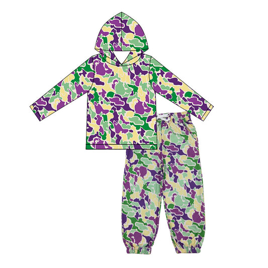 (Pre-order)BLP1381 Green Purple Yellow Camo Hoodie Top Joggers Pants Kids Mardi Gras Clothes Set