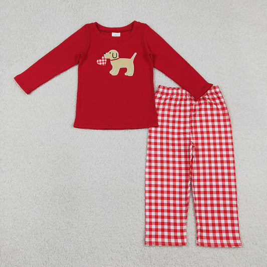 BLP1397 Puppy Heart Embroidery Red Top Plaid Pants Boys Valentine's Day Clothes Set