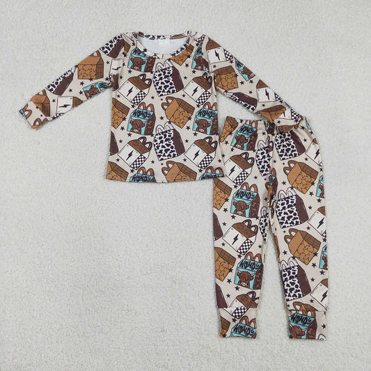 BLP1414  Howdy Cowboy Highland Cow Stars Print Boys Western Pajamas Clothes Set