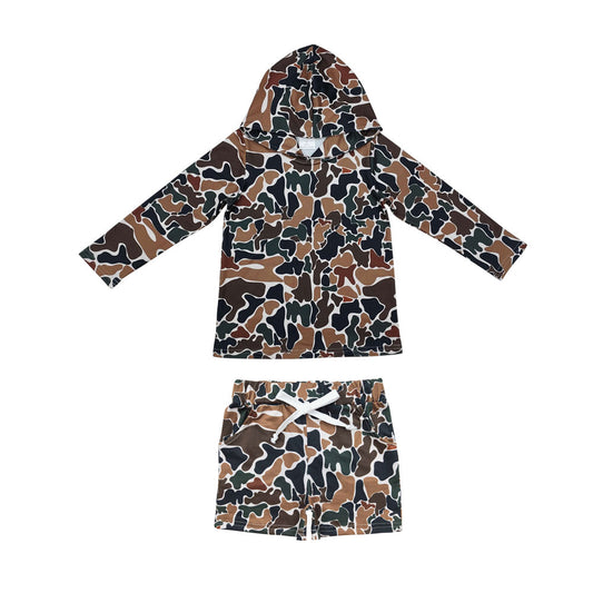 BLS0004 Brown Camo Hoodie Top Pockets Shorts Boys Clothes Set