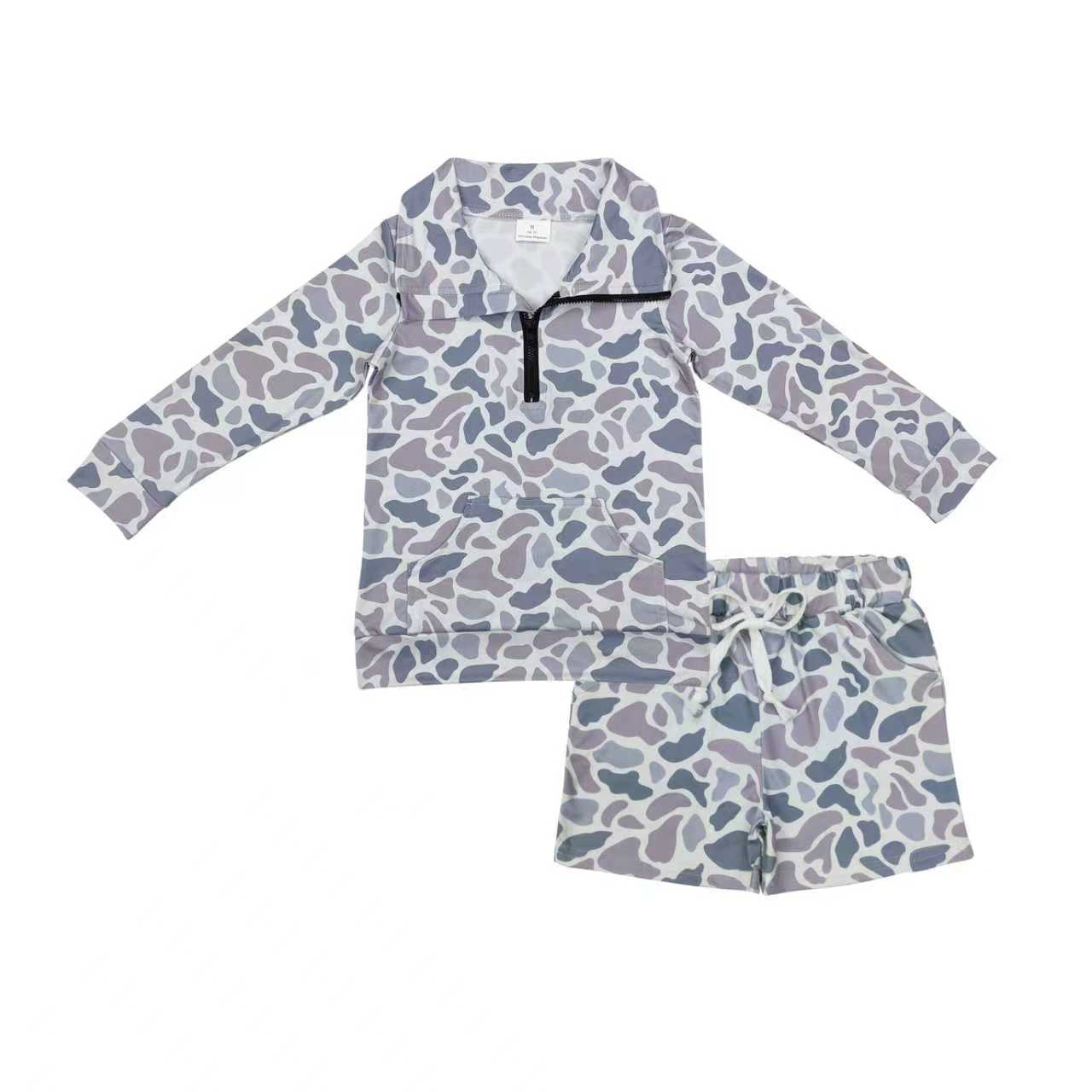 BLS0007 Grey Camo Zipper Top Pockets Shorts Boys Clothes Set