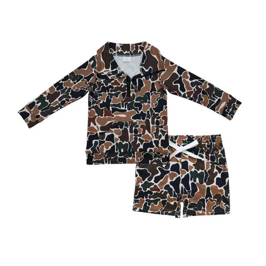 BLS0008 Dark Brown Camo Zipper Top Pockets Shorts Boys Clothes Set