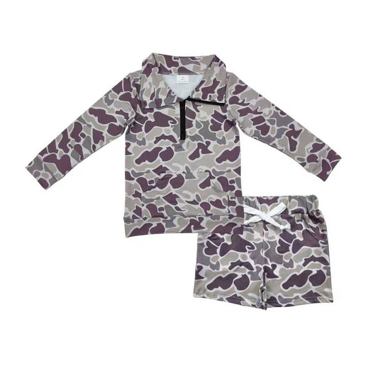 BLS0009 Grey Brown Camo Zipper Top Pockets Shorts Boys Clothes Set