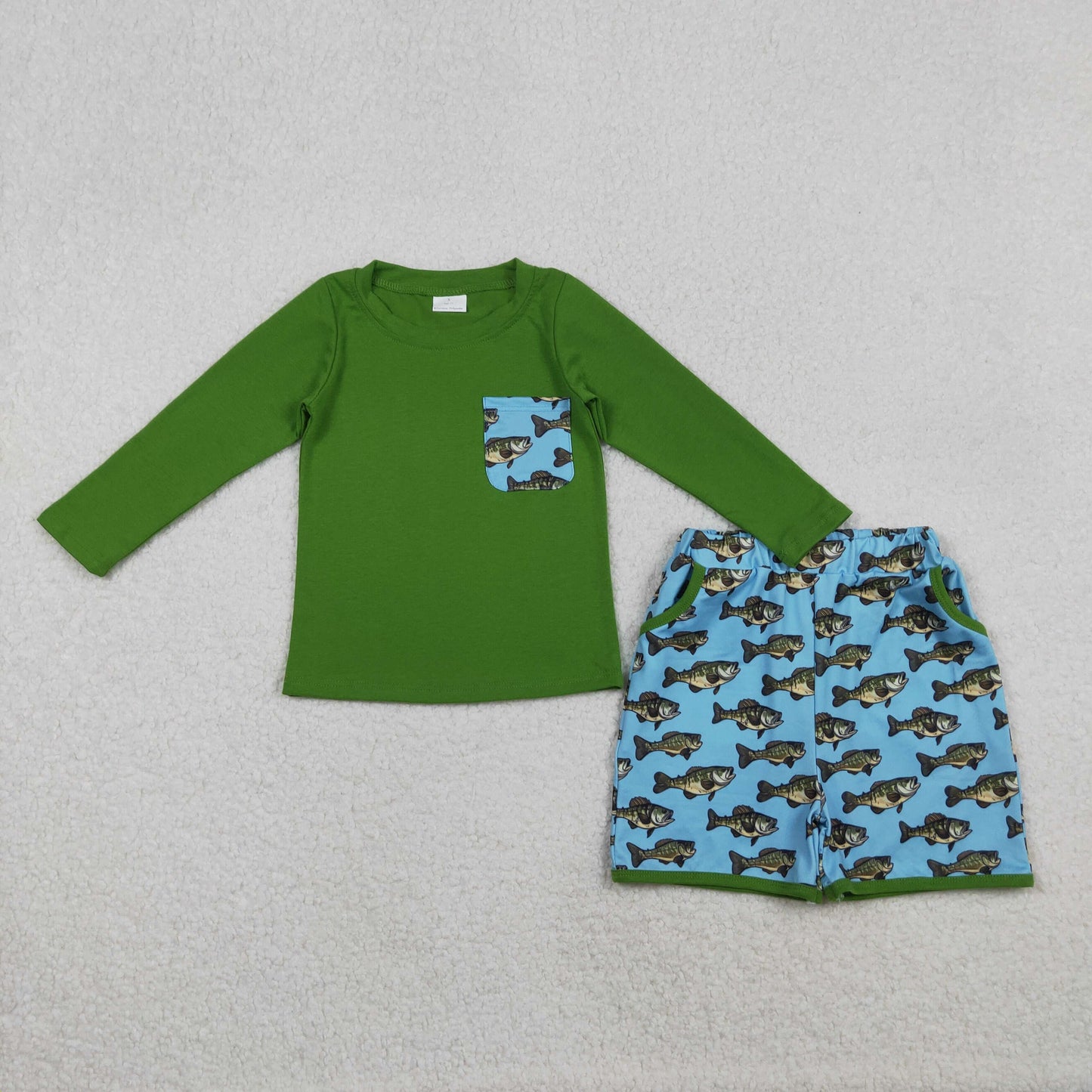 BLS0010 Pocket Green Top Fish Pockets Shorts Boys Clothes Set