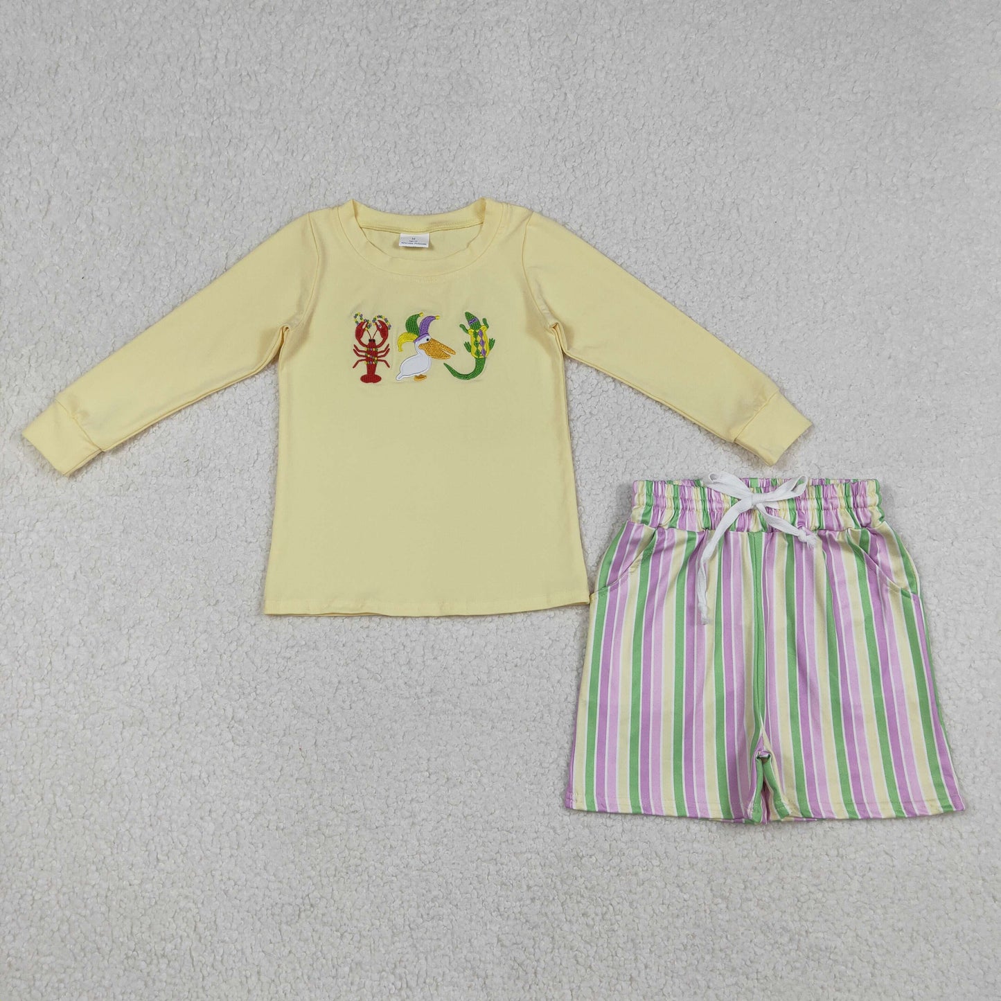 BLS0015 Crayfish Bird Crocodile Embroidery Yellow Top Stripes Shorts Boys Mardi Gras Clothes Set