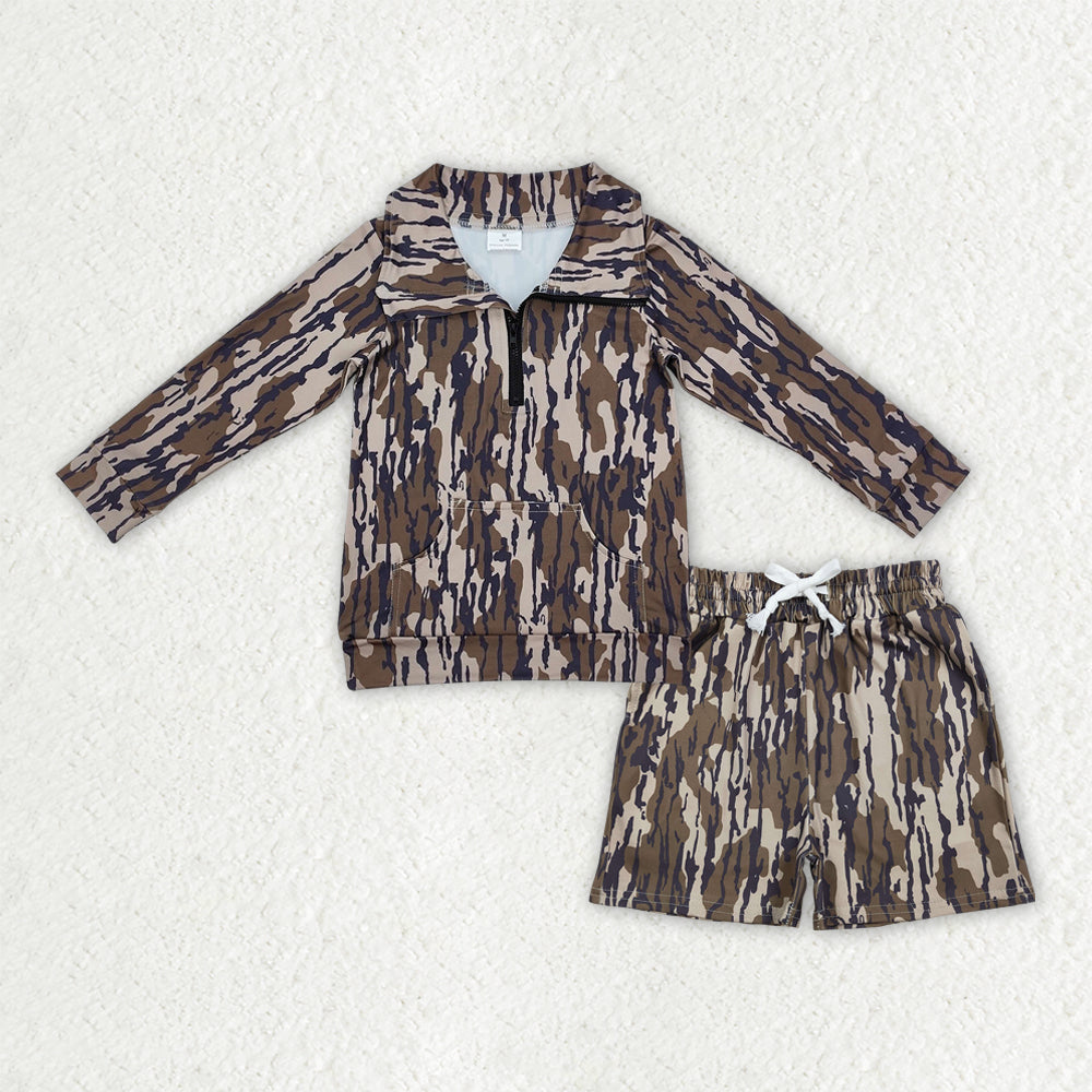 4 Colors Camo Zipper Top Pockets Shorts Boys Clothes Set Brothers Wear