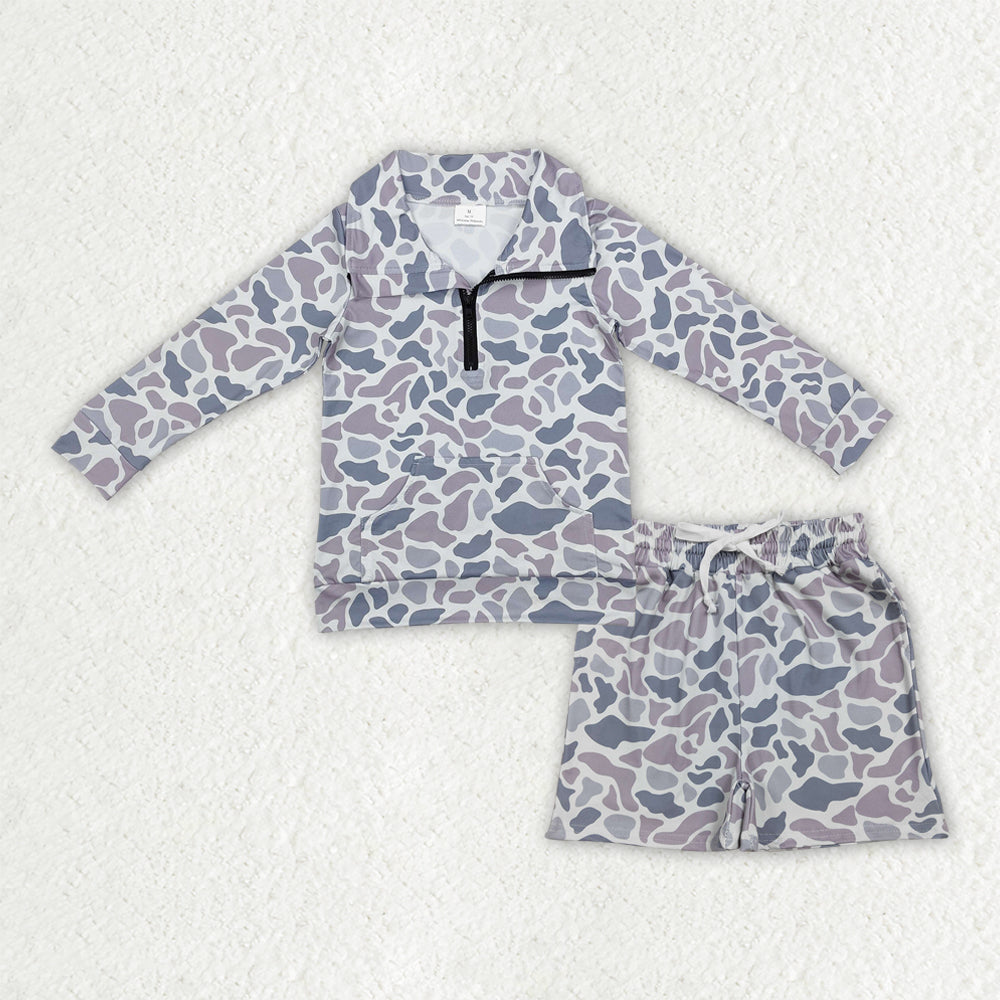 4 Colors Camo Zipper Top Pockets Shorts Boys Clothes Set Brothers Wear