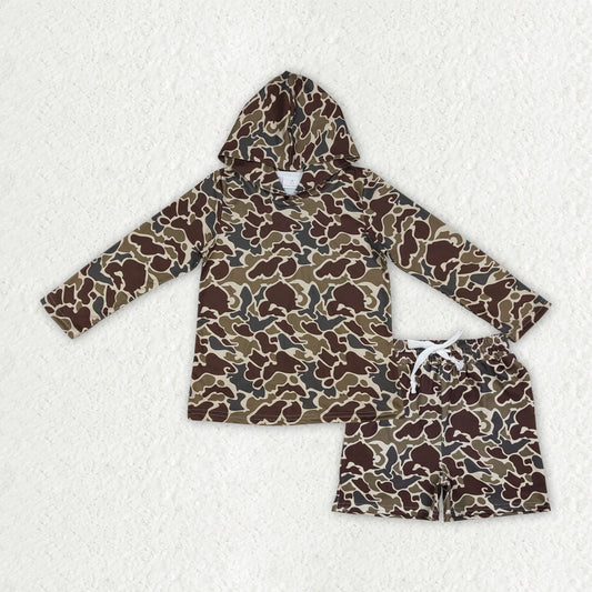 BLS0031 Brown Camo Hoodie Top Pockets Shorts Boys Clothes Set