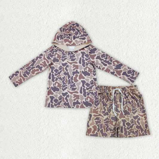 BLS0033 Brown Camo Hoodie Top Pockets Shorts Boys Clothes Set