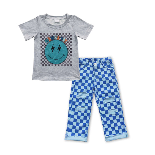 BSPO0113 Mama's boy gingham smiling top blue plaid denim hole jeans boys clothes set