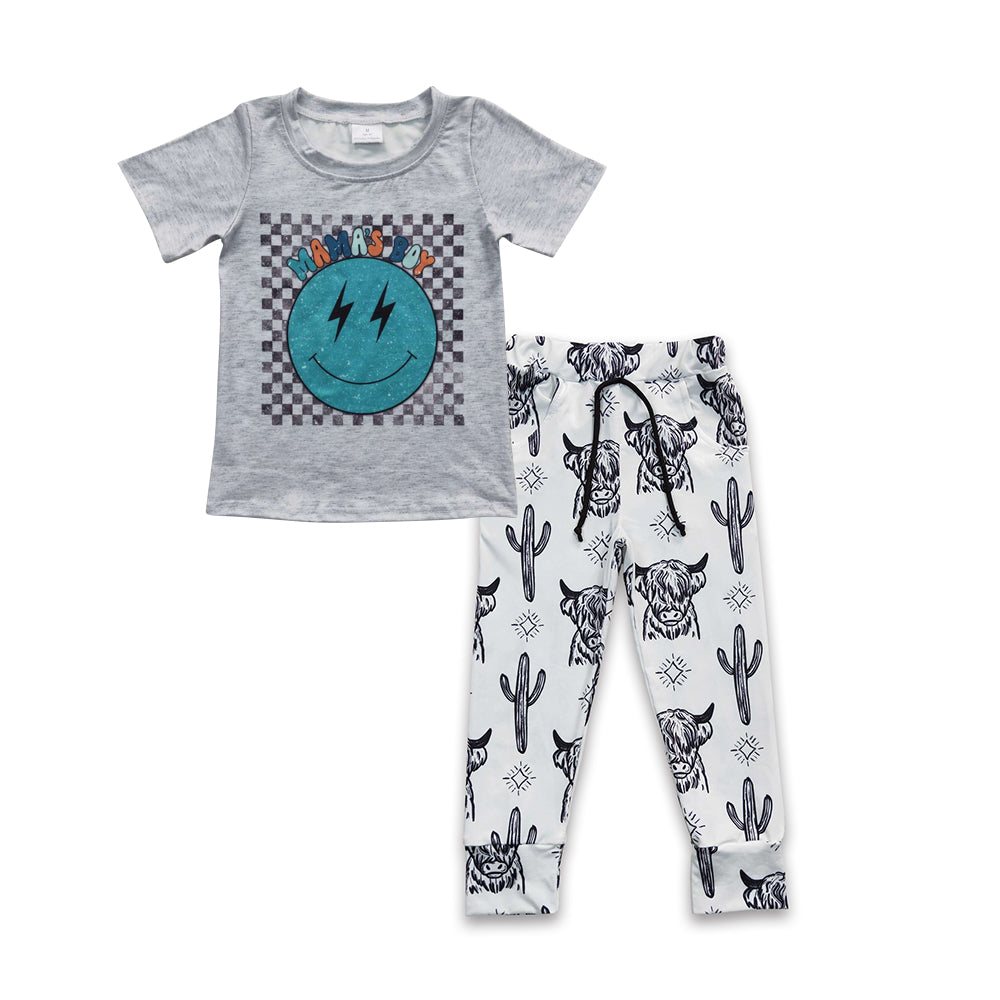 BSPO0115 Mama's boy gingham smiling top highland cow pants boys outfits