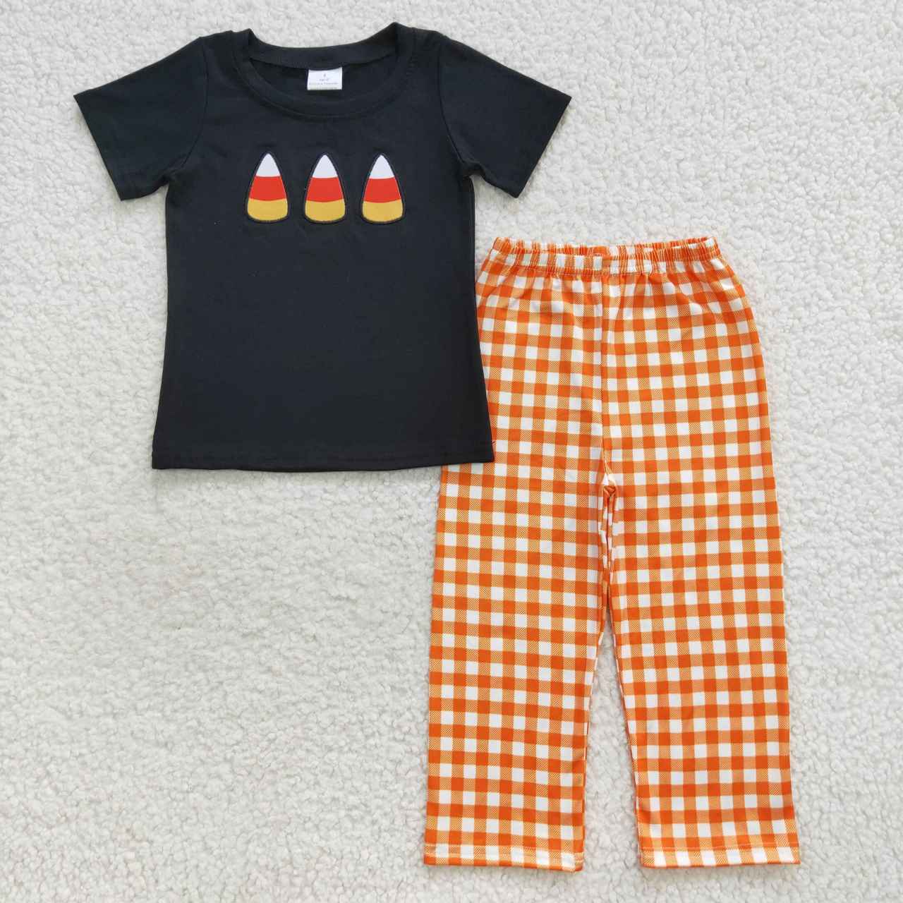 BSPO0121 Black candy embroidery top orange plaid pants boys Halloween outfits