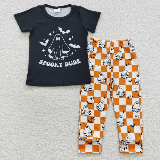 BSPO0128 Spooky dude ghost black top orange gingham pants Halloween kids clothes set