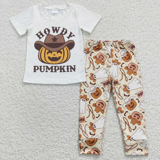 BSPO0130 Howdy pumpkin white top ghost pants Halloween kids clothes set