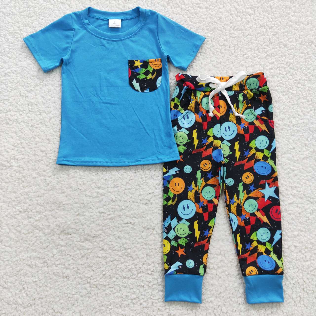 BSPO0131 Blue pocket top smiling pants boys clothes set