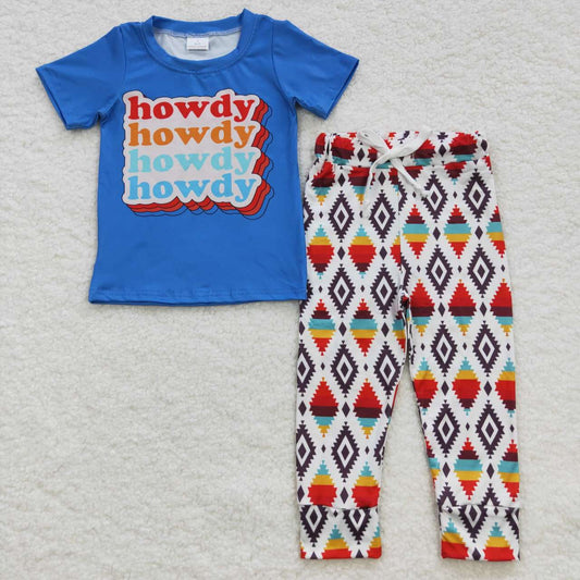 BSPO0137 Howdy blue top aztec pants boys clothes sets