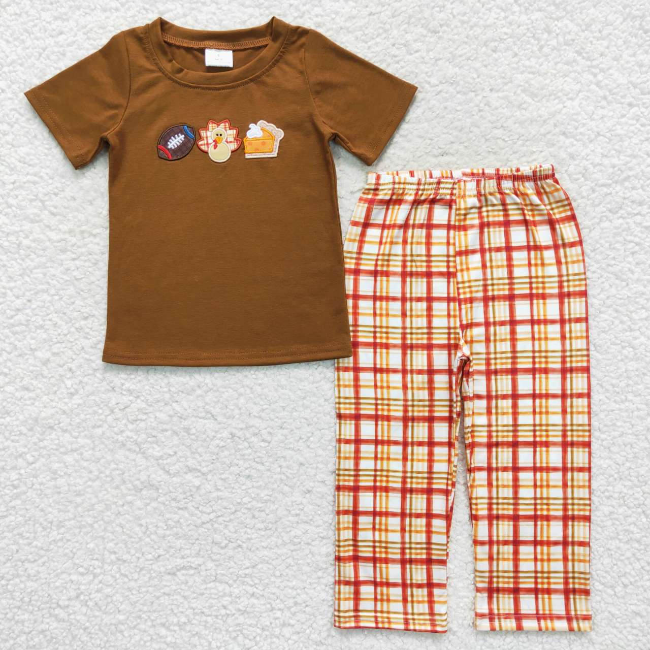 BSPO0143 Turkey embroidery top plaid pants boys Thanksgiving clothes set