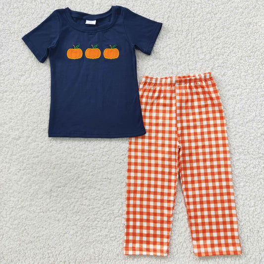 BSPO0145 Navy pumpkin embroidery top orange plaid pants boys clothes set