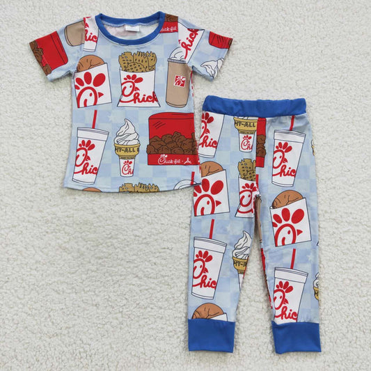BSPO0148 Blue chicken design boys short sleeve pajamas