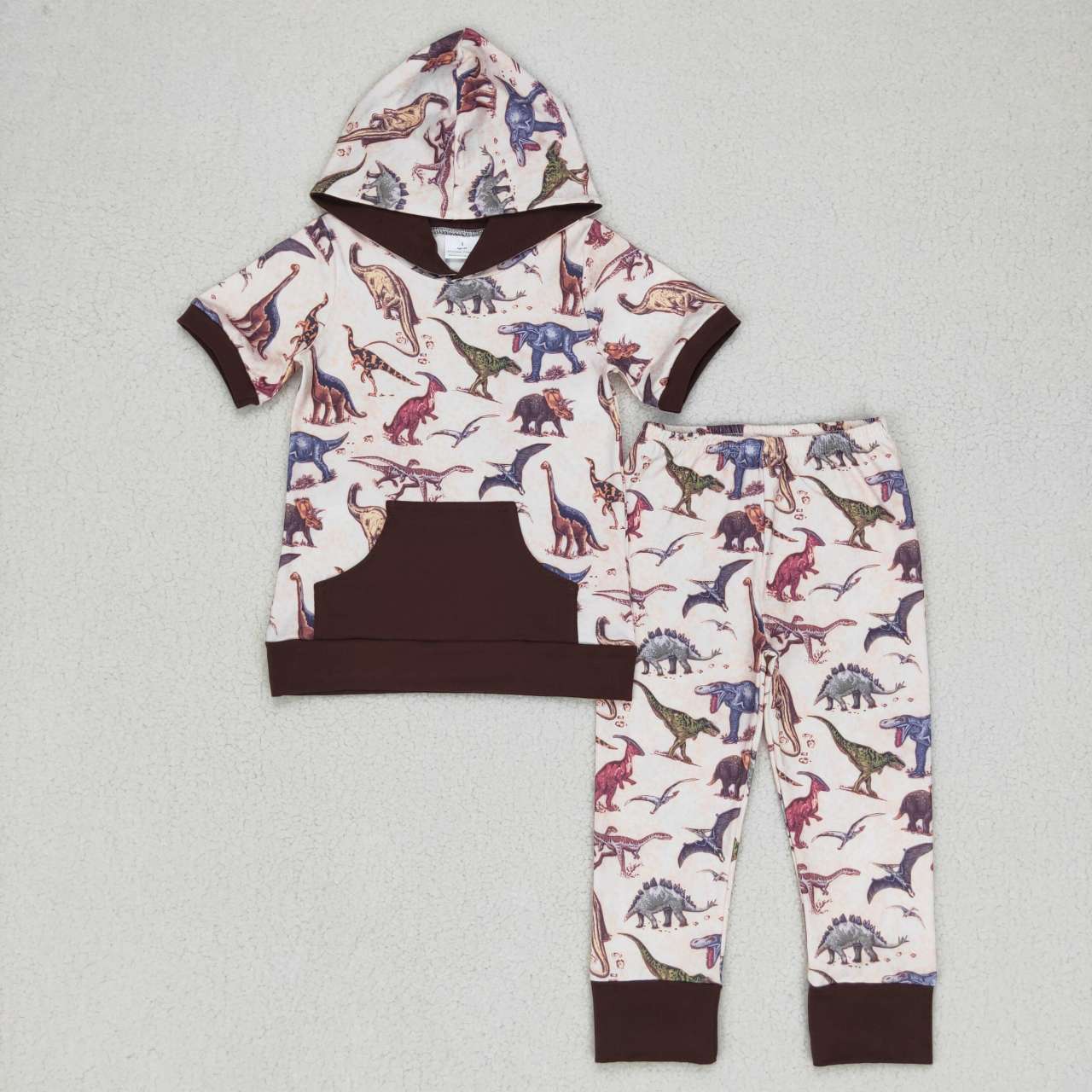 BSPO0152 Brown pocket dinosaur print boys hoodie top clothes set