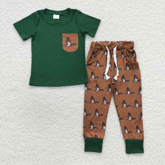 BSPO0155 Green pocket top duck print pants boys clothes set