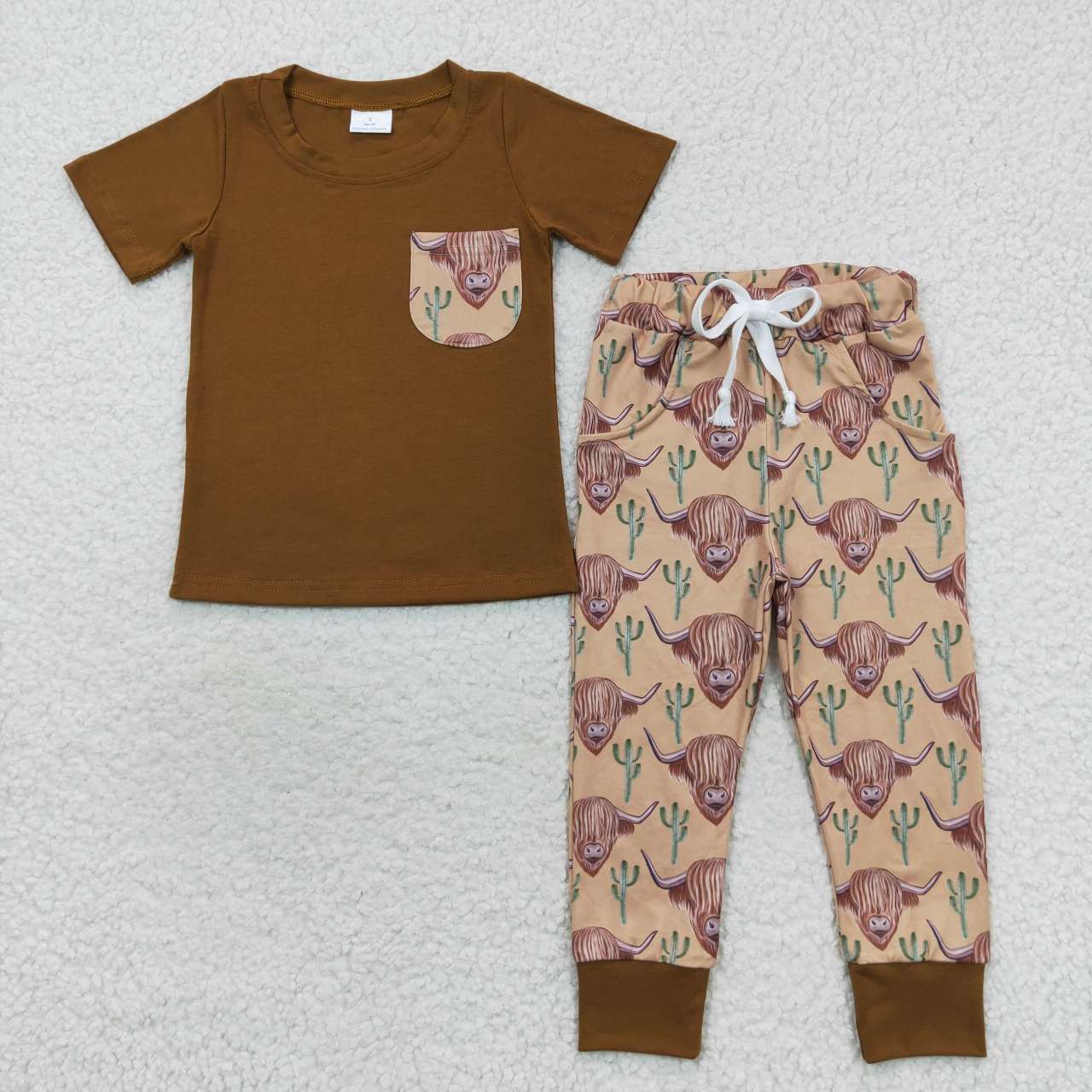 BSPO0158 Brown highland cow print boys western clothes set