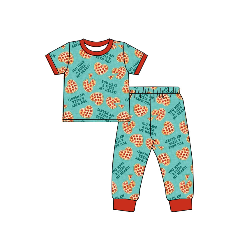 (Pre-order)BSPO0169 You Have A Pizza My Heart Print Green Pajamas Clothes Set