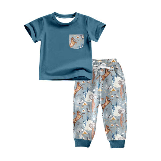 (Pre-order)BSPO0172 Blue Western Animals Print Boys Clothes Set